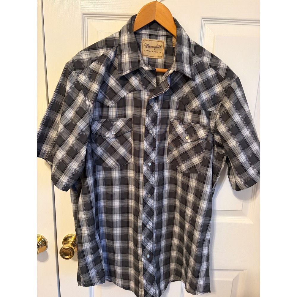 Wrangler Western Shirt Mens Large Grey Black Plaid Short Sleeve Pearl Snap